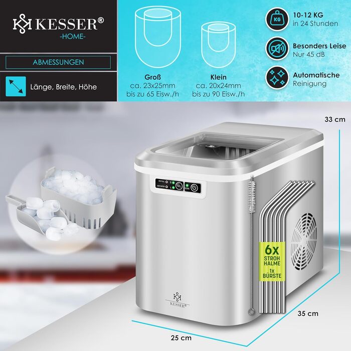 Машина для приготування льоду KESSER® з нержавіючої сталі, 12 кг/24 год, 2,2 л резервуар, LED-дисплей, самоочищення