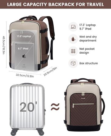 Рюкзак-валіза LOVEVOOK для жінок, 40L, ручна поклажа, водонепроникний, для ноутбука, подорожей, бізнесу (17.3 дюйми, темно-кававий, абрикосовий, чорний)