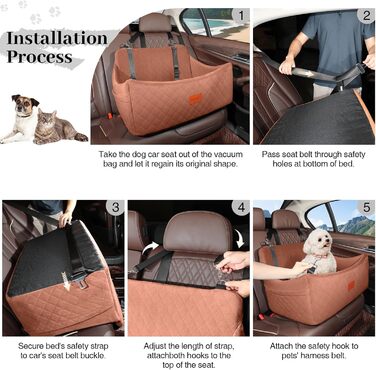 Wooaidagg Large Dog Car Seat - Memory Foam Bed for Medium & Large Dogs, Washable & Detachable, Includes 2 Leashes (Brown)