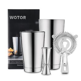 Набір для коктейлів WOTOR Boston: шейкер 18oz та 28oz, сито, подвійний джигер, професійний барний інвентар (срібло)