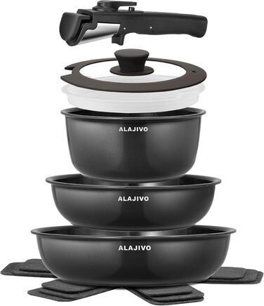 Набір каструль та сковорідок 9-ти частинний з антипригарним покриттям, кераміка, для всіх типів плит, сумісний з духовкою (темно-сірий)