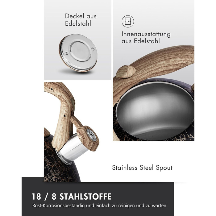 Електричний чайник Poliviar Moderne Induktion, 2.7L, нержавіюча сталь, чорне золото