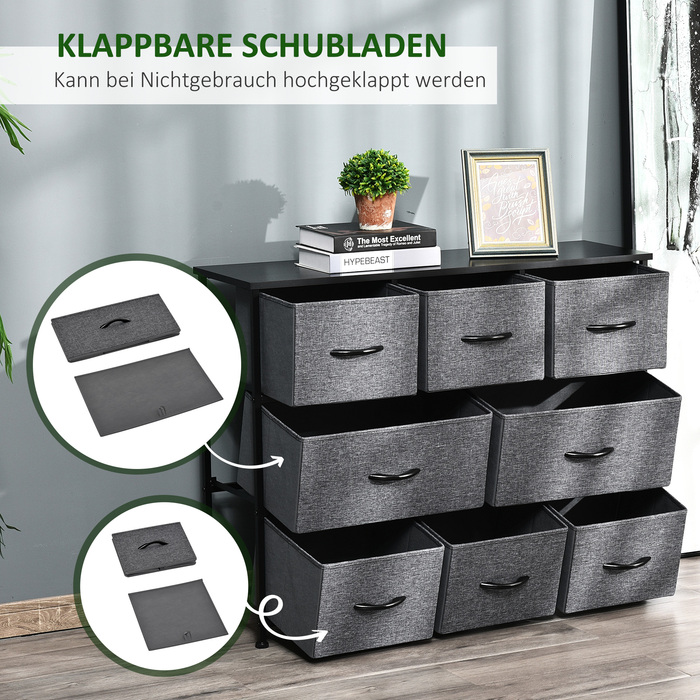 HOMCOM 8-Drawer Fabric Chest of Drawers Storage Cabinet Dresser with Handles, Metal Frame, Modern Design Closet for Bedroom, Living Room Dark Grey | Aosom