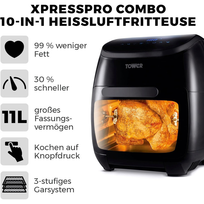 Tower T17076 Xpress Pro Combo 10-в-1 цифрова аерофритюрниця з швидкою циркуляцією повітря, таймером на 60 хвилин, 2000 Вт, 11 л, чорна