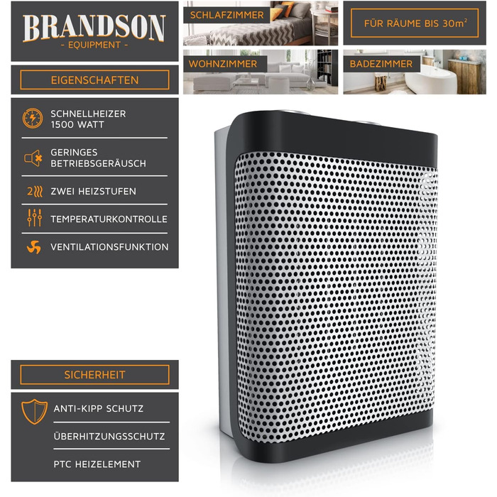 Електричний обігрівач Brandson: тихий, енергоефективний керамічний нагрівач з термостатом та захистом від перегріву. Ідеально для ванної, спальні, вітальні. Сертифікат GS безпеки.