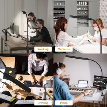 SKYLEO LED Desk Lamp with Adjustable Gooseneck - 80cm Height, 5 Color Modes, 11 Brightness Levels, Timer & Memory Function, 12W, Clamp-On Design