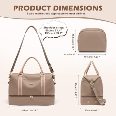 Велика дорожня сумка жіноча 46L Weekender з косметичкою, відділенням для взуття та вологих речей, для подорожей літаком (Колір: Шампань)