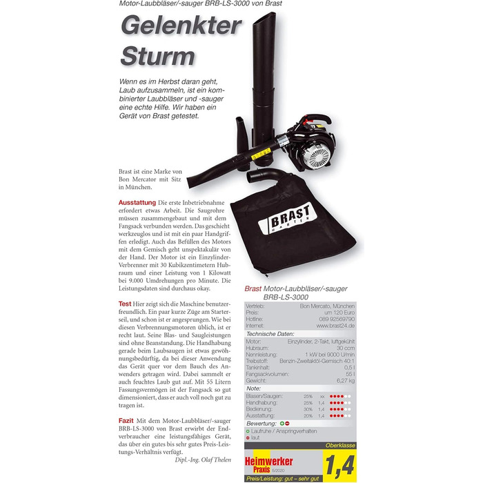 BRAST® Leaf Blower/Vacuum - Gas Powered 1.0kW (1.36HP) | 55L Collection Bag | Includes 2 Blow Pipes, Shoulder Strap & Anti-Vibration Handle | 4-in-1 Function | Blowing Speed 73 m/s