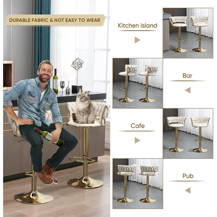 Avorio Velvet Bar Stools 2-Pack - Adjustable Height, Swivel with Footrest, Armrests & Backrest - Ergonomic Counter Stools for Kitchen Island, Bar, Restaurant