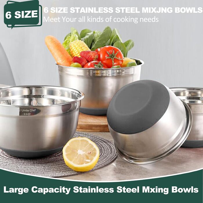 Mixing bowls with airtight lids, set of 6, stainless steel, stackable metal storage bowls, non-slip bottom, sizes 7, 3.5, and 1 QT, ideal for mixing and serving (gray)