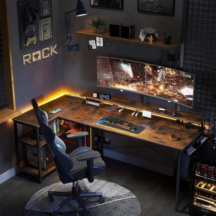 ODK L-Shaped Desk, Corner Desk with USB Charging Port & Socket, Gaming L-Shaped Desk with Shelf Reversible, L-Shaped Computer Desk with Monitor Stand for Office (Black, 168x80cm) 168x80cm Black