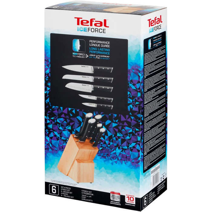 Набір ножів Tefal Ice Force 5 предметів (дерев'яний блок): ніж для хліба 20 см, шеф-ніж, ніж Сантоку 18 см, ніж для овочів 11 см, ніж для нарізки 9 см, нержавіюча сталь, коричнево-чорний, K232S5