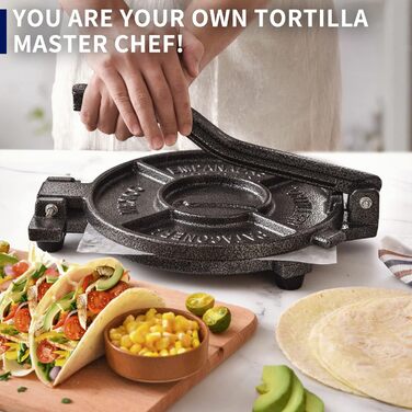 ARC Cast Iron Taco Press with 100 Parchment Papers - Tortilla Maker for Mehl Tortillas, Roti, Patacones - 8 Inch (20.3 cm)