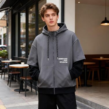 Чоловіча толстовка з капюшоном RUIZEHONG з блискавкою, спортивна куртка, блокований колір, повсякденний стиль, з кишенями, білий, чорний (сірий, чорний, L)