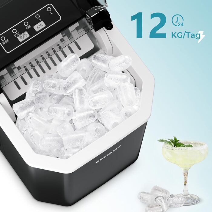 EUHOMY Ice Maker - Countertop Ice Machine, Stainless Steel, 12kg/Day Capacity, 9 Cubes in 6 Minutes, 2 Sizes, for Home, Kitchen, Office, RV - Black