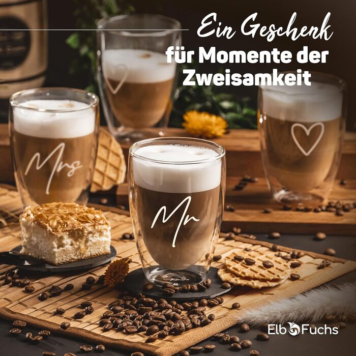 Набір склянок для лате макіато з подвійними стінками (4 шт.) | Mr & Mrs | 350 мл | Ідеально для кави, чаю, капучіно