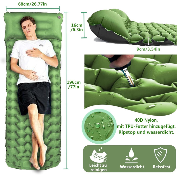 Надувний килимок для кемпінгу Isomatte - самонадувний, 9 см, для авто, намету, трекінгу, пляжу (зелений)