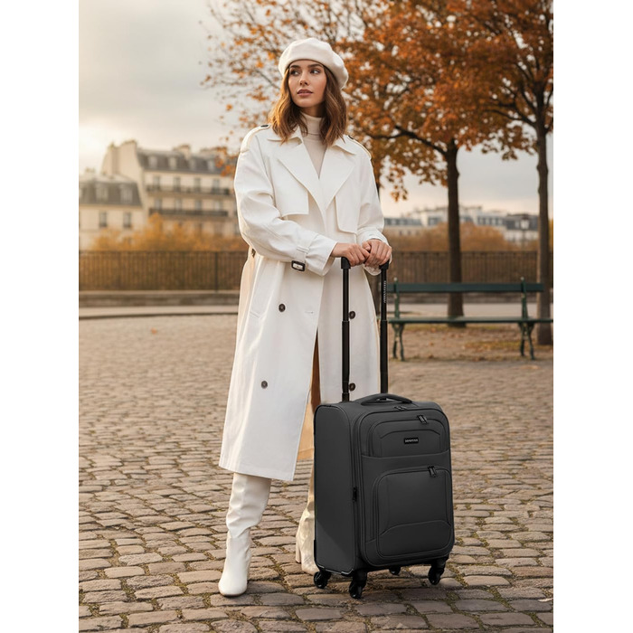 Набір валіз SMARTBOX 3-в-1 для жінок та чоловіків | Легкі та міцні валізи-ролери, якісний softcase, 4 колеса та кодовий замок | Розширювані валізи (Чорний колір, розмір S (56 см))