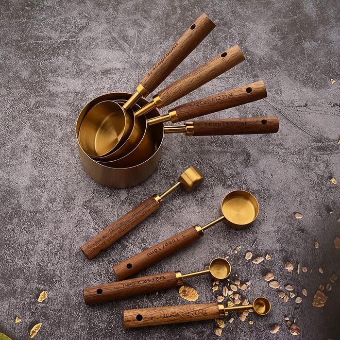 8-Piece Gold Measuring Cup and Spoon Set with Scale, BRIIEC Wooden Handle, Stainless Steel, Dry and Liquid Measuring Cups for Cooking, Baking