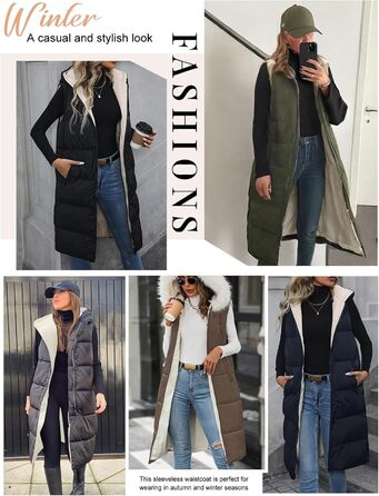 Жіноча довга жилетка Vancavoo з капюшоном на осінь/зиму: степкова, без рукавів, з флісовою підкладкою, тепла, чорна, розмір L