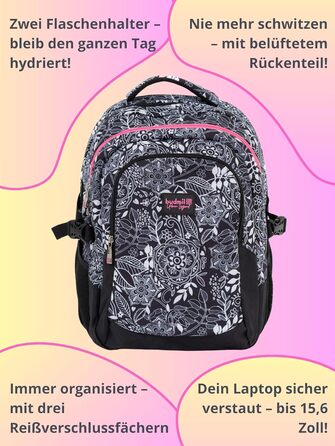 Ергономний шкільний рюкзак Budmil для хлопчиків та дівчаток 32L - для підлітків та дітей від 5 класу - водонепроникний, з 3 відділеннями та вентильованою спинкою, Edwin White Flower