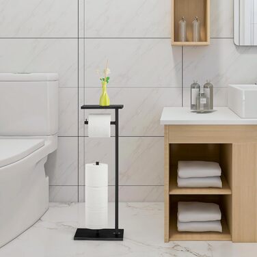 LIANTRAL Freestanding Toilet Paper Holder, Bathroom Toilet Paper Holder, Toilet Paper Storage with Shelf, Stainless Steel Tubes and Wooden Boards, Toilet Paper Storage Dispenser