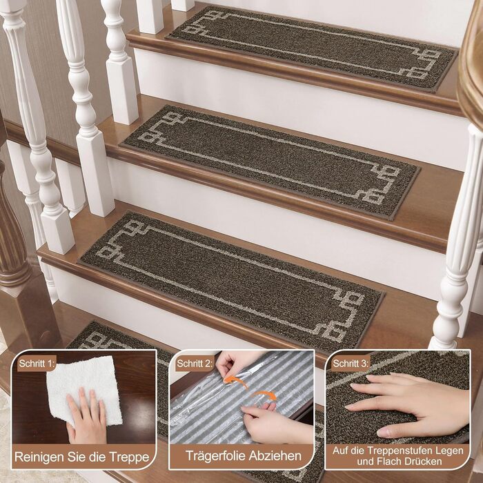 Килимок для сходин BEQHAUSE, 15 шт., самоклеючий, для дітей, літніх людей та домашніх тварин, 100% поліестер, TPE-підкладка, 22x70 см, коричневий