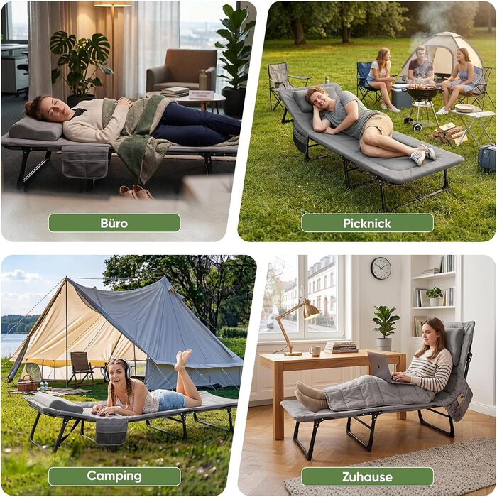 Ліжко туристичне розкладне Sekey XXL 190x71x35 см, сіре з подушкою - для кемпінгу, риболовлі, міцний сталевий каркас, Oxford тканина