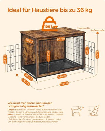 Клітка для собак Feandrea з функцією столику, сучасна собача будка для собак до 36 кг, міцна, для дому, з висувним піддоном, 2 двері, вінтажний коричневий PFC004X01, 112 x 75 x 82 см