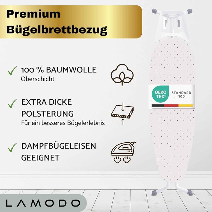 Обкладення для прасувальної дошки Amodo® 125x45 см, 100% бавовна, підходить для прасування парою, посилена підкладка, гумка та фіксатор, 124-132 см x 40-45 см (Світло / Крапки, S)