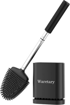 Щітка для унітазу Waretary з силіконовою щетиною та тримачем з нержавіючої сталі, гнучкий наконечник для глибокого очищення, швидковисихаюча, для кріплення на стіні або встановлення на підлогу, чорний