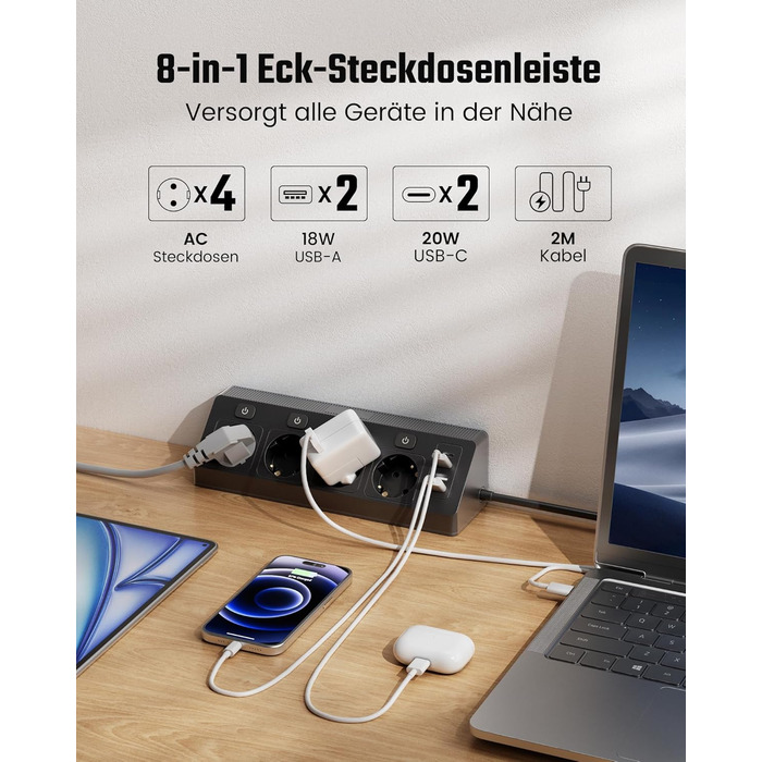 Розетка кутова ONLYWIN з 2 USB та 2 Type-C, 16A/3840W, настінний монтаж, 2м кабель, для офісу, кухні та вітальні, білий (чорний)