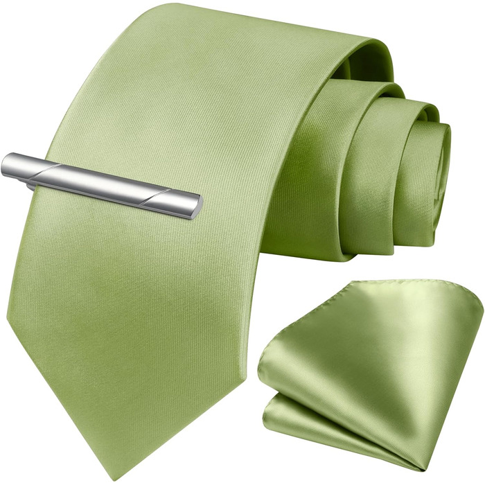 HISDERN Комплект краваток для чоловіків: класична однотонна краватка, кишеньковий хустинка та краватки-затискач (одно розмір, салатовий)