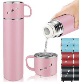Термокружка-термос з нержавіючої сталі 550 мл, без витоку, з чашкою та ручкою, вакуумна термоізоляція 12 год гаряча / 12 год холодна, неслизька, для кави, спорту, роботи, школи, автомобіля (Рожева)