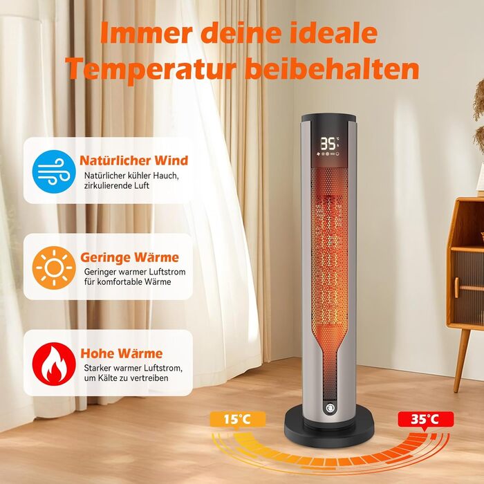 Електричний обігрівач 1500W з PTC керамічним нагрівачем, тихий 34 dB, термостат, таймер 12 год, захист від перегріву та перекидання. Ідеальний для спальні, з пультом дистанційного керування (сірий)