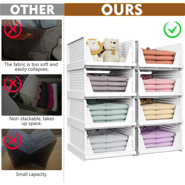SNSLXH 5 Pack Stackable Closet Shelf Organizer, Multifunctional & Foldable Closet Organizer for Bathroom, Kitchen, Closet Storage, Space-Saving Closet Drawer Storage Box, White
