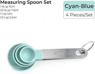 FBHappiness 4-Piece Baking Utensil Set with Kitchen Measuring Spoons, Stainless Steel Handle, Measuring Cups with Scale, Measuring Spoons, Kitchen Helper (Color: 4 Green Cups) (4 Blue Spoons)