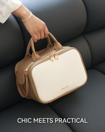 Косметичка для макіяжу Prite з великою місткістю, водонепроникна, з ручкою та кількома відділеннями, бежево-коричнева