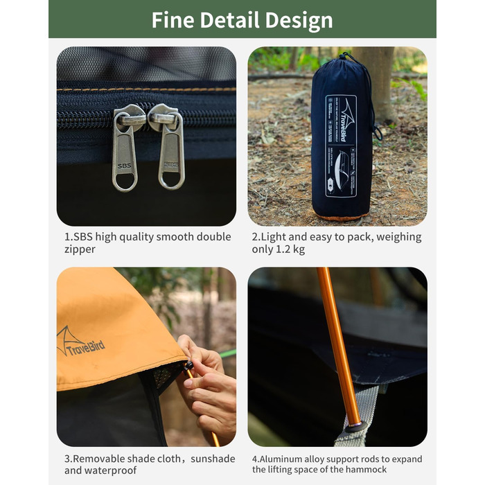 Гамак для кемпінгу 4-в-1 з москітною сіткою та знімним сонцезахистом, 290x140 см, для відпочинку на природі, пікніків, походов та подорожей. Армійний зелений та помаранчевий кольори.