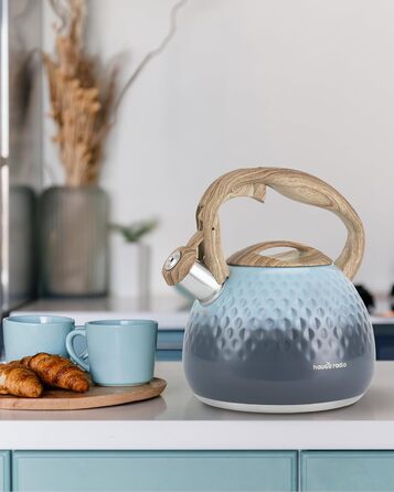 Чайник для заварювання чаю Teekessel 2,7 л з емальованим покриттям, зелений колір з імітацією дерева, з носиком-свистком, з нержавіючої сталі, антипригарне покриття, зручна ручка оливкового кольору з переходом у блакитний