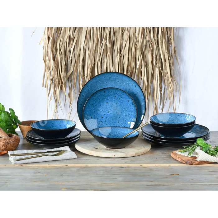 CreaTable Geschirrset Jawa: 18-Piece Set для 6 осіб, з кераміки, для посудомийної машини та мікрохвильової печі, зелений колір (блакитний, 12 шт.)