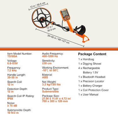 Металодетектор VEVOR Profi: 30 см котушка, 7 режимів, IP68 (до 3 м), пошук золота, Bluetooth-гарнітура, точне визначення місця розташування