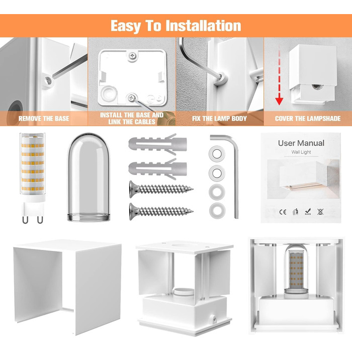 Настінний світильник YrgePowk 2 шт. з LED лампою G9, тепле світло 3000K, IP65, регульований кут освітлення, чорний