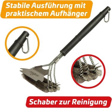 3X Grillfürst Premium Grill Brush with Brass Bristles, 45 cm - Grill Cleaning Brush for Grill Grate, Grill Grate Brush with wide 3-fold brush head and scraper (2x stainless steel with scraper)