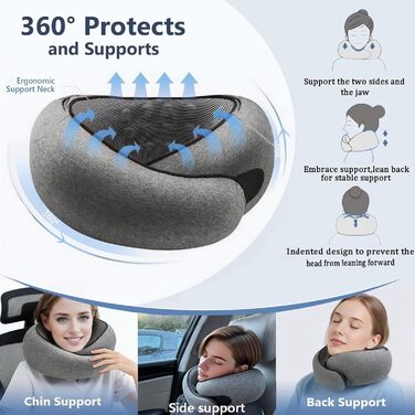 Подушка для шиї з регульованою капюшоном та 360° підтримкою шиї | Ергономічна подушка з піною з пам'яті для подорожей (літак, авто) | З чохлом та берушами | Дихаюча та пральна (темно-сіра)