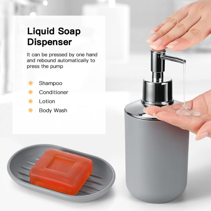 Набір аксесуарів для ванної кімнати Otostar сірого кольору: бамбук, тримач для ватних паличок, дозатор мила, тримач для зубних щіток, миска для мила, тримач для унітазу, сміттєвий бак, пластик (6 предметів)