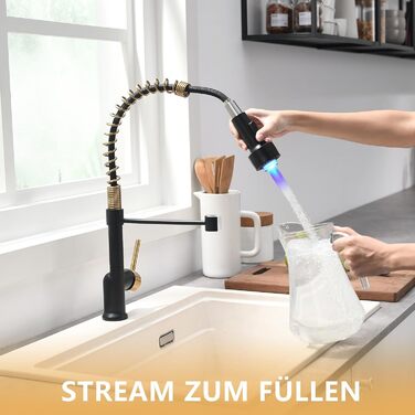 Кухонний змішувач AIMADI висувний, високого тиску, з 2 режимами (струмінь та розпилення), поворотний на 360°, однорегуляторний для кухонної мийки (з LED-підсвіткою, золотий)