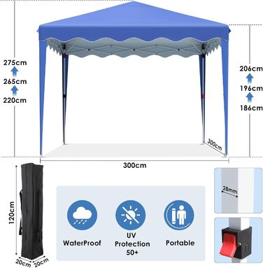 3x3 Gazebo, Waterproof Folding Gazebo, Stable, Winter-Proof, UV Protection 50+, 3x3 Folding Gazebo with 4 Side Panels, Adjustable Height Garden Gazebo, Foldable Pavilion Tent for Camping, Parties, Navy Blue