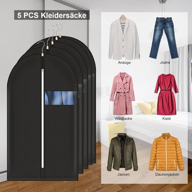 5 шт. Чохли для одягу, 60x140 см, міцні сумки для одягу з блискавкою, дихаючий матеріал, захист для костюмів, пальто, сорочок, зберігання 140x60 см