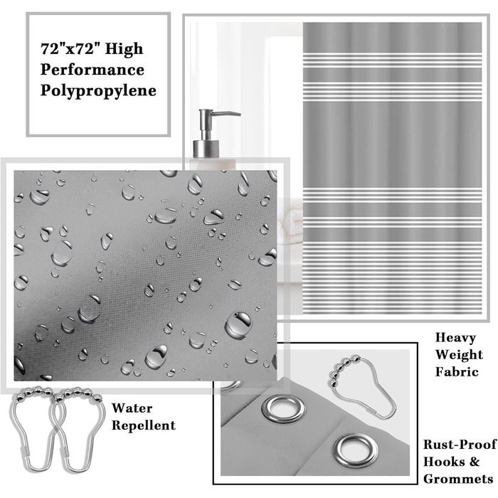 Набір аксесуарів для ванної кімнати Britimes, сірий: душова завіса, відро, дозатор мила, тримач для туалетного йоржика, тримач для зубних щіток та стаканчик для зубних щіток